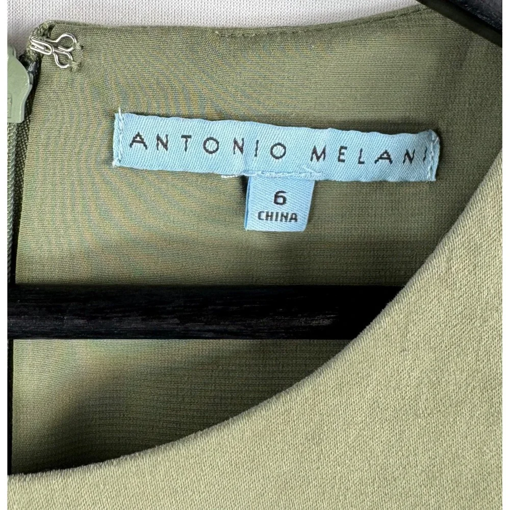 Antonio Melani Sheath Dress sz 6 Olive Green Tie Front money classic